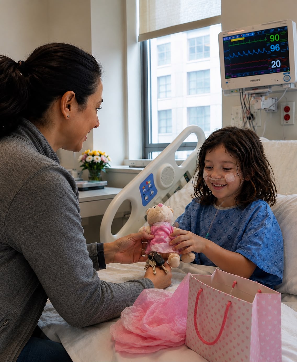 An Alliance member sits at a young patient's hospital bedside, handing her a teddy bear she is reaching out to take.