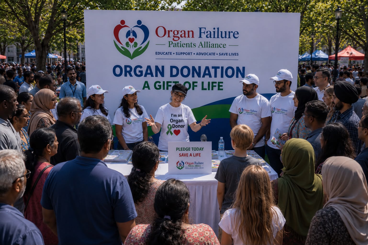 A crowd of park visitors gathers around the Alliance's outreach table as a member in an “I'm an Organ Donor” shirt speaks to them.