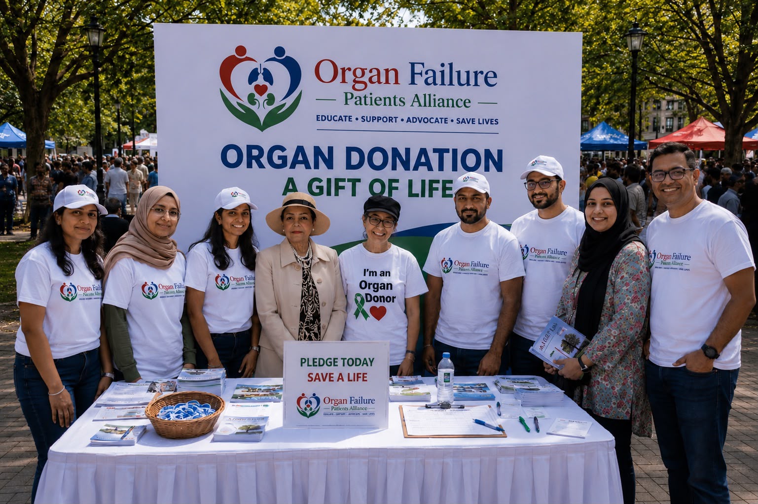 Nine Alliance members and volunteers stand behind an outreach table in a tree-lined park, in front of a banner reading “Organ Donation: A Gift of Life.”