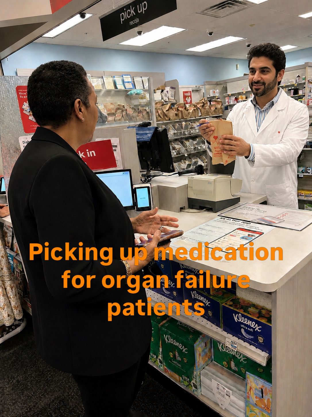 An Alliance member in a white coat hands a filled prescription across a pharmacy counter to a patient.